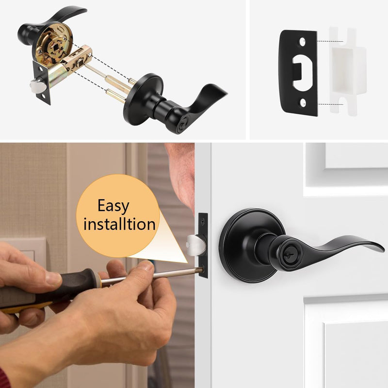 Cabagii Wave Style Door Lever Keyed Entry Black Door Handle with Lock, Entrance Lever Reversible for Left/Right Handed for Office or Front，1 Pack