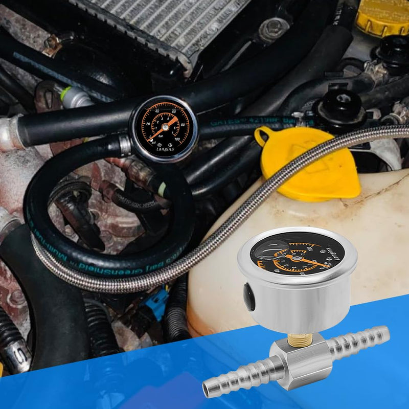 0-100Psi Fuel Pressure Gauge, 1/8" NPT Fuel Pressure Gauge, Back Mount, Glycerin Filled Pressure Gauge with Dual use 5/16" Barb(8mm) to 3/8"(10mm) Barb Hose Fitting