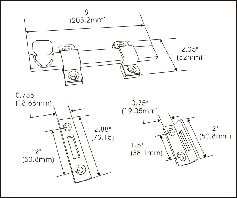 QCAA Heavy Duty Surface Bolt, Steel, 8", Brushed Chrome Finish, 2 Pack, Made in Taiwan 2pack(8")