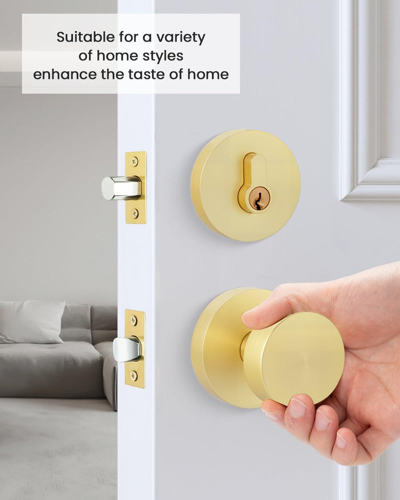 Goldenwarm 1 Pack Gold Door Knob with Deadbolt, Exterior Front Brass Door Knobs and Single Cylinder Deadbolt, Brushed Gold Front Door Locks Set - Zinc Alloy Heavy Dut