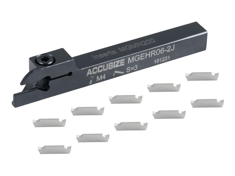 Accusize Industrial Tools 3/8" x 3/8'' Cut-Off Holder, Parting Tool, Mgehr06-2 of 2387-2003 with 10 Carbide Inserts for Cutting Aluminum | For Aluminum, MGGN200-LH Inserts Included, 1 Indexable Holder Plus 10 Carbide Inserts, 2387-0003INSA