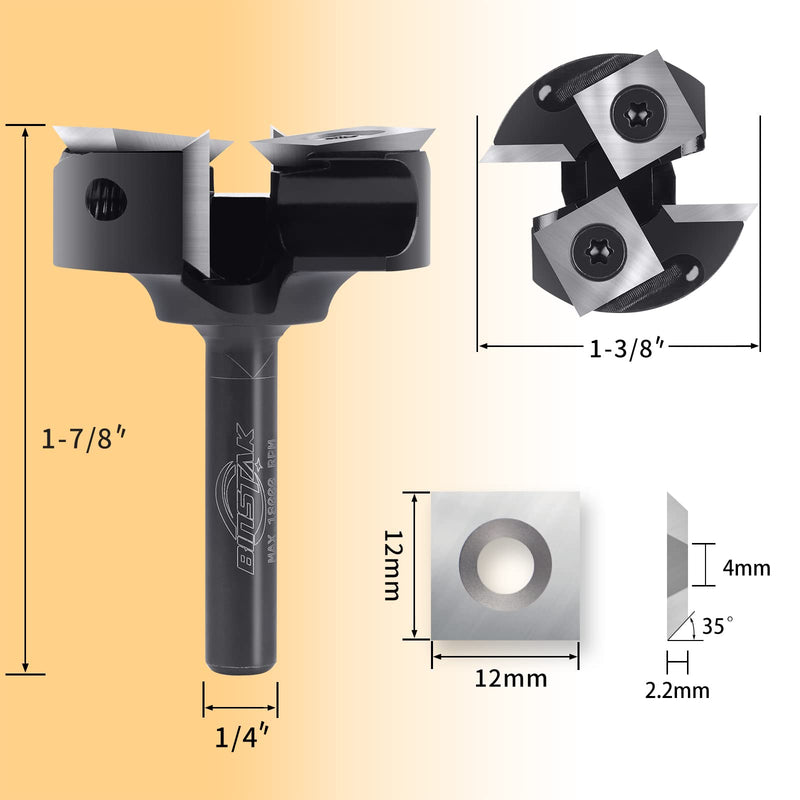 CNC Spoilboard Surfacing Router Bit 1/4" Shank, Slab Flattening Router Bit with 1-3/8" Cutting Diameter, 2+2 Flutes Insert Carbide Wood Planer Router Bits, Planing Bit for Woodworking Surfacing Bit 1/4" Shank-1-3/8" Cut Dia. (2+2 Inserts)
