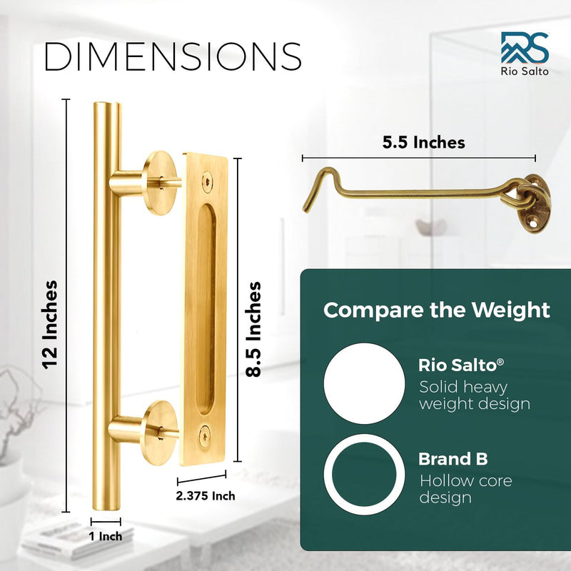 Rio Salto 12-Inch Gold Barn Door Handle Kit with Latch Lock Set Closet Brass Finish Pull Handle Flush Handles Hardware Large Sliding Door Handles 1-Door (Gold - 1Pack w/Lock)
