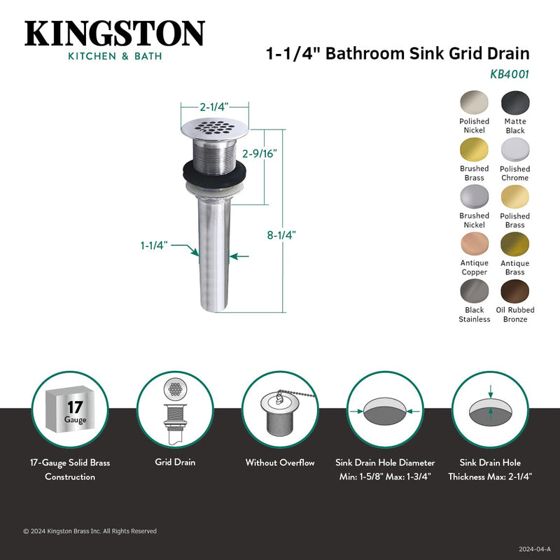 Kingston KB4003 Grid Drain without Overflow, 17 Gauge, Antique Brass