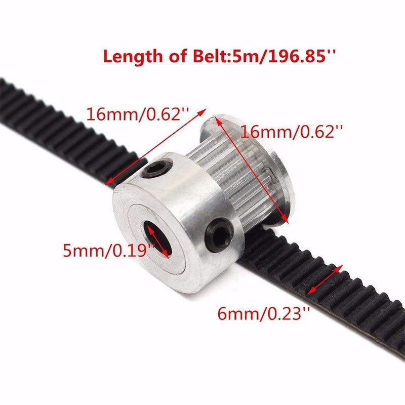 Zeelo GT2 Timing Belt Pulley, 8pcs 5mm 20 Teeth Timing Pulley Wheel and GT2 5 Meters Rubber 2mm Pitch 6mm Wide Timing Belt with Allen Wrench for 3D Printer CNC 5M+8 SET