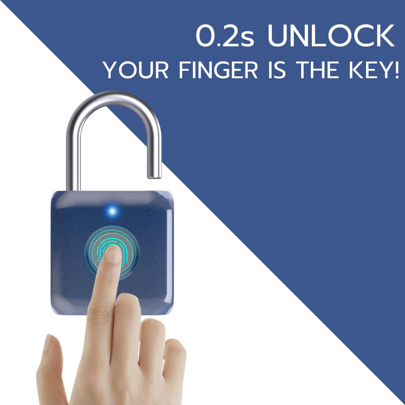 Pothunder Fingerprint Padlock, Smart Padlock, Locker Lock, Biometric Metal Keyless Fingerprint Lock, USB Rechargeable, for Gym Locker, Luggage, Backpack(Blue) Blue