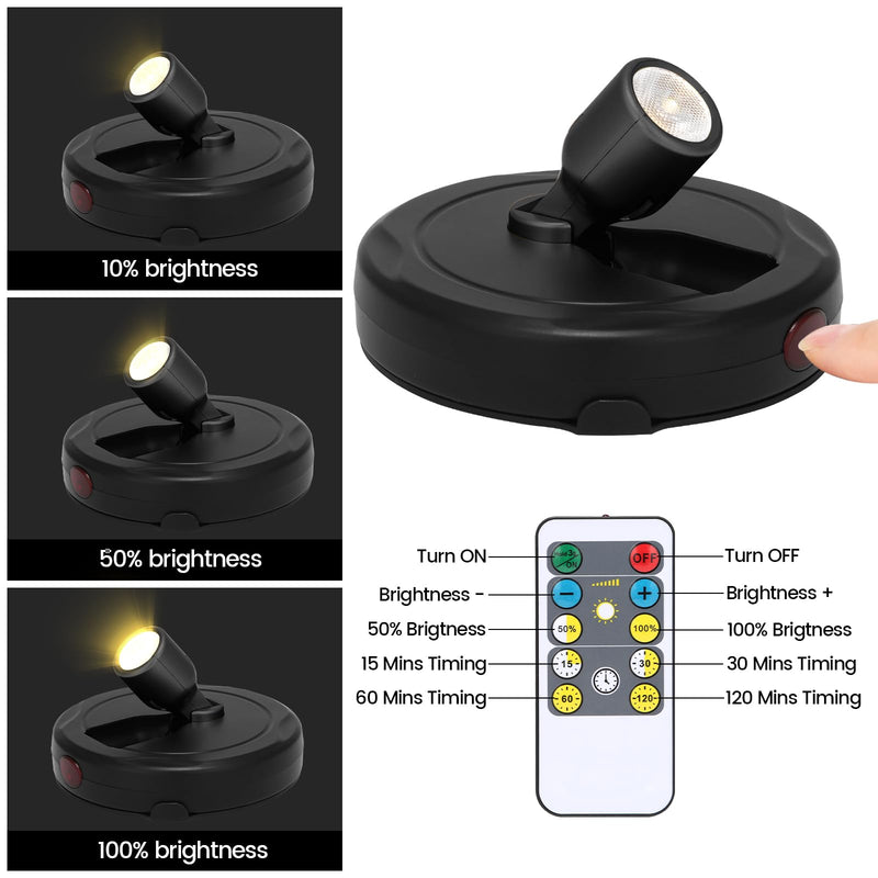Spotlight Battery Powered, Wireless Picture Light, Accent Spot Light for Indoor Plant Tree, Display LED Puck Lights with Remote and Timer, Stick Uplighting for Photo Painting Dartboard Wall Decor Art Black