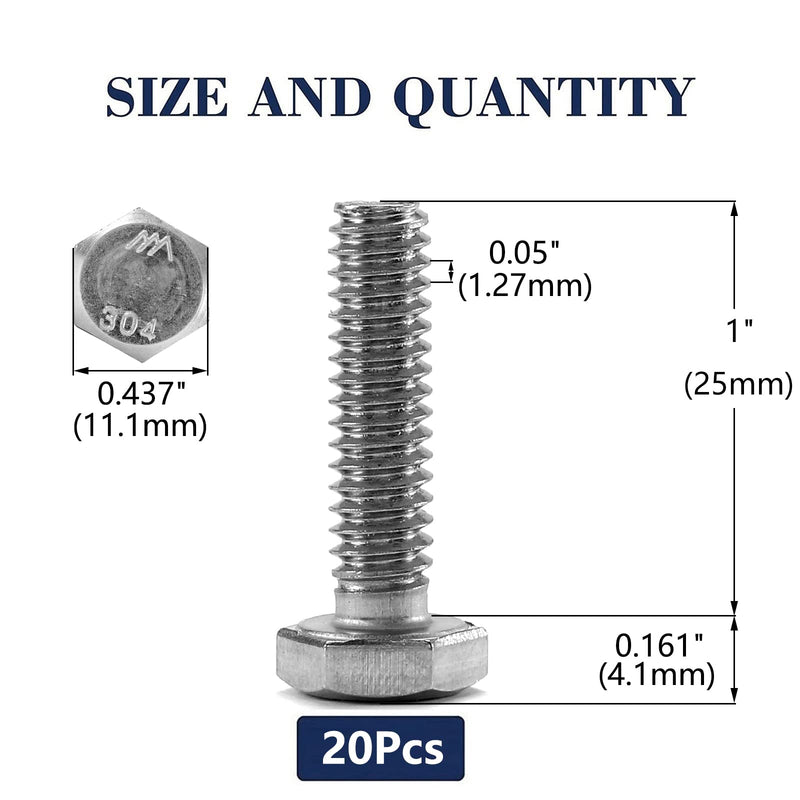 1/4-20 x 1 Hex Head Screw Bolt, 20Pcs 18-8 (304) Stainless Steel, Fully Threaded, Plain Finish, by SG TZH 20 1/4-20 x 1"