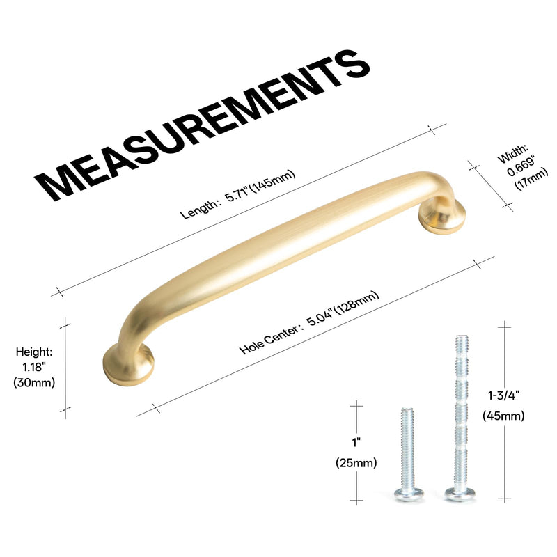 Liron Hardware 10 Pack Gentle Arch Contemporary Cupboard Cabinet Handles 5 Inch (128mm) Kitchen Gold Drawers Pulls Brushed Brass 5 Inches (128mm) Hole Center