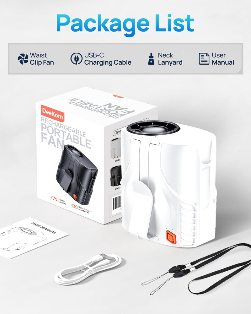 Portable Personal Waist Fan& Neck Fan, 14000RPM Brushless Motor, 40H Runtime Rechargeable, 6-Speed Quiet Operation, Clip-On Personal Body Cooling for Camping/Worksites/Outdoor White