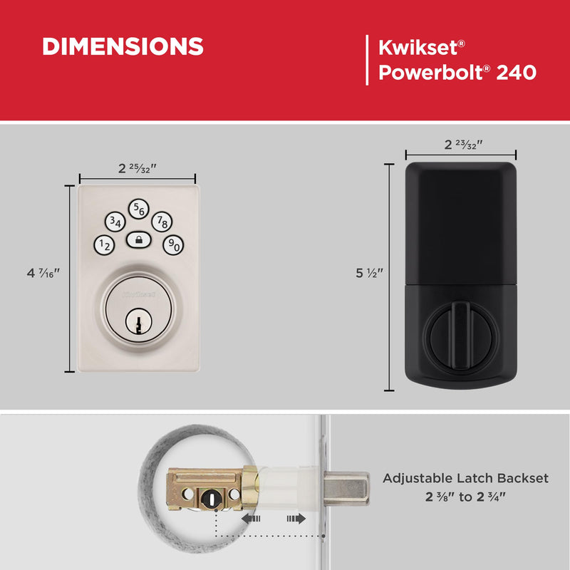 Kwikset Powerbolt 240 5-Button Keypad Satin Nickel Contemporary Electronic Deadbolt Door Lock, Featuring Convenient Keyless Entry, Customizable User Codes and Auto-Locking