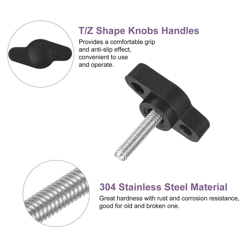 uxcell 6Pcs Tee Wing Knobs Thumb Screws, M4 x 16mm Clamping Screw Knob Male Thread 304 Stainless Steel T Shaped Thumb Screws Handle 27mm Dia. for Hand Tightening Knob Replacement, Black
