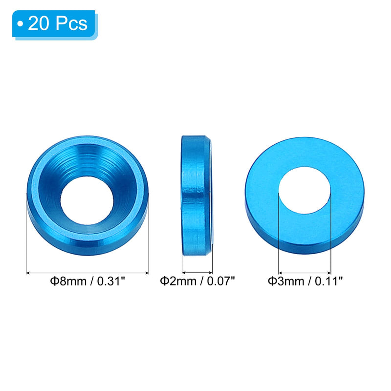 PATIKIL M3 Finishing Countersunk Washers, 20 Pack Head Washers Alloy Aluminum Screw Gaskets for Screw Bolt RC FPV PC Mechanical Accessories Parts, Light Blue Aqua Blue