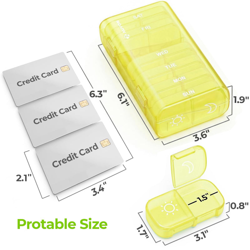 AUVON XL Weekly Pill Organizer 2 Times a Day, Pill Box 7 Day with One-Side Large Openings for Easy to Use, Black Privacy Protection AM PM Pill Case for Medication, Vitamins, Fish Oils, Supplements Light Yellow