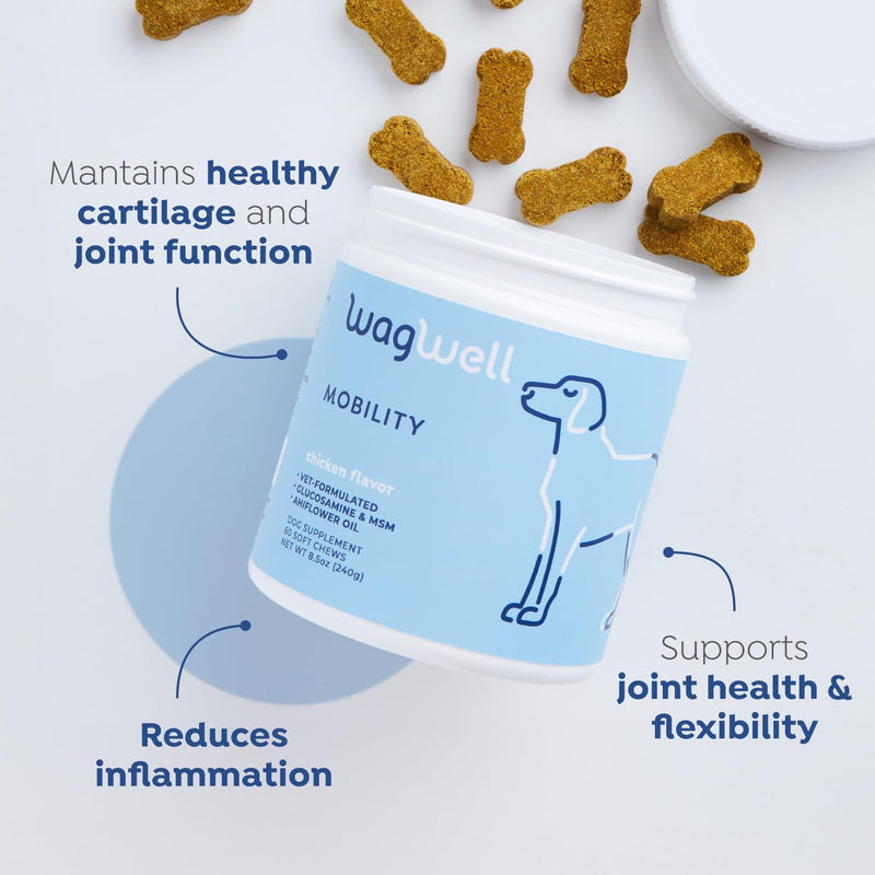 WagWell Mobility Chews – Vet Formulated Hip and Joint Supplement for Dogs - Natural Dog Joint Supplement with Glucosamine and MSM – Dog Joint Supplement for Large Breeds and Small Breeds, 60 Chews - PawsPlanet Australia