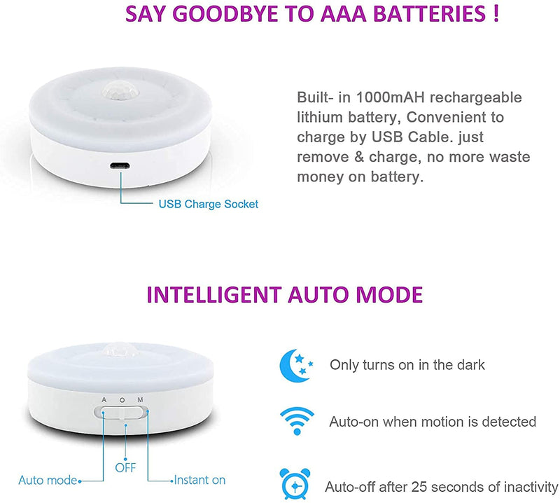 Rechargeable Motion Sensor Light 1000mAH LED Puck Lights, Stick Anywhere Light, Cordless Closet Light, Automatic Under Cabinet Lighting for Counter,Pantry,Wardrobe,Hallway,Stairs,Warm White 3 Pack Warm White