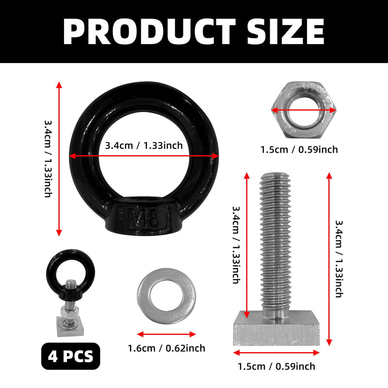 4 Pack M8 T-Slot Bolt with Eye Nut, Stainless Steel Roof Rack T Track Bolts, Heavy Duty Lifting Eye Bolts T Slot Bolt Tie Down Rings Anchoring Kit for Holding Bungee Cord, Ropes, Hooks