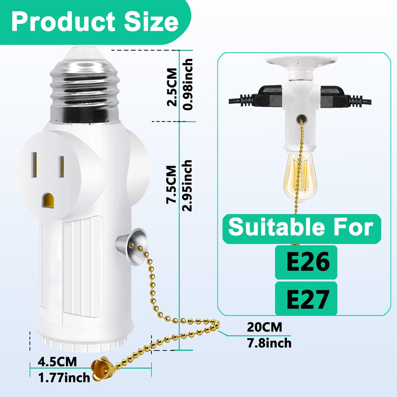 Light Socket to Plug Adapter,Convert E26 Light Socket to 3 Prong Outlet Adapter,Equipped with Bulb Control Switch,Polarized Light Socket Adapter Splitter,White,2 Pack White