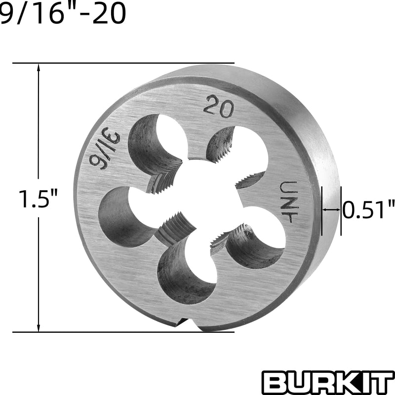 Burkit 9/16"-20 UN Tap and Die Set, 9/16 x 20 UN Machine Thread Tap and Round Die Right Hand 9/16-20 UN