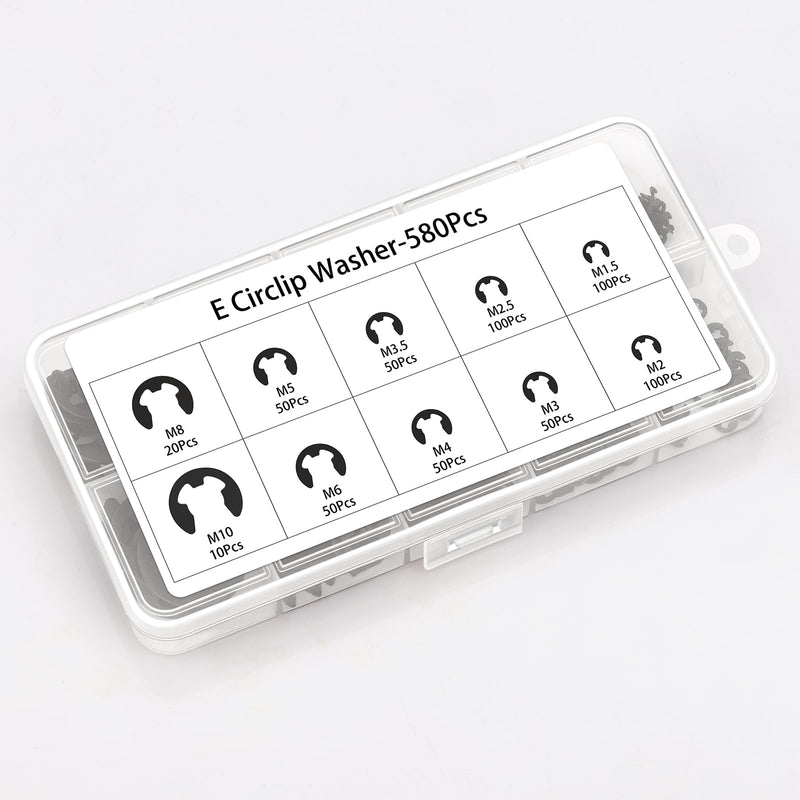 580PCS Black Alloy Steel E-Clip Assortment Kit, E-Clip Assortment Set Include 10 Sizes, Retaining Rings for Bearings, Gears, Pulleys, Axles (M1.5-M10)