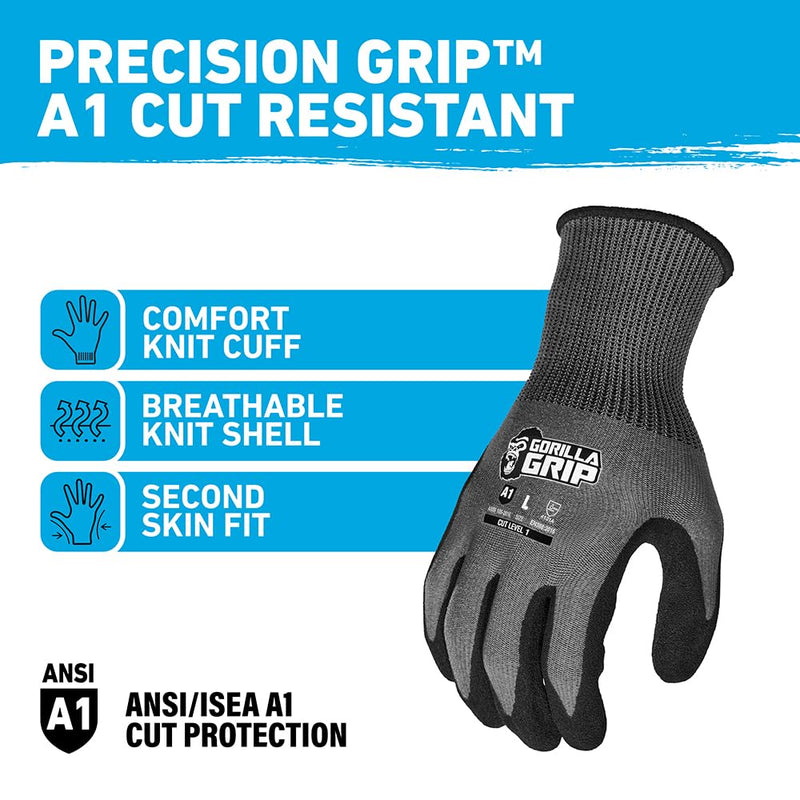 Gorilla Grip A1 Precision Grip, Cut Resistant Work Gloves, Touschreen Compatible Safety Gloves, Breathable, Nitrile Coated, Grey - Medium (12 Pack) Grey A1 (12 Pack)