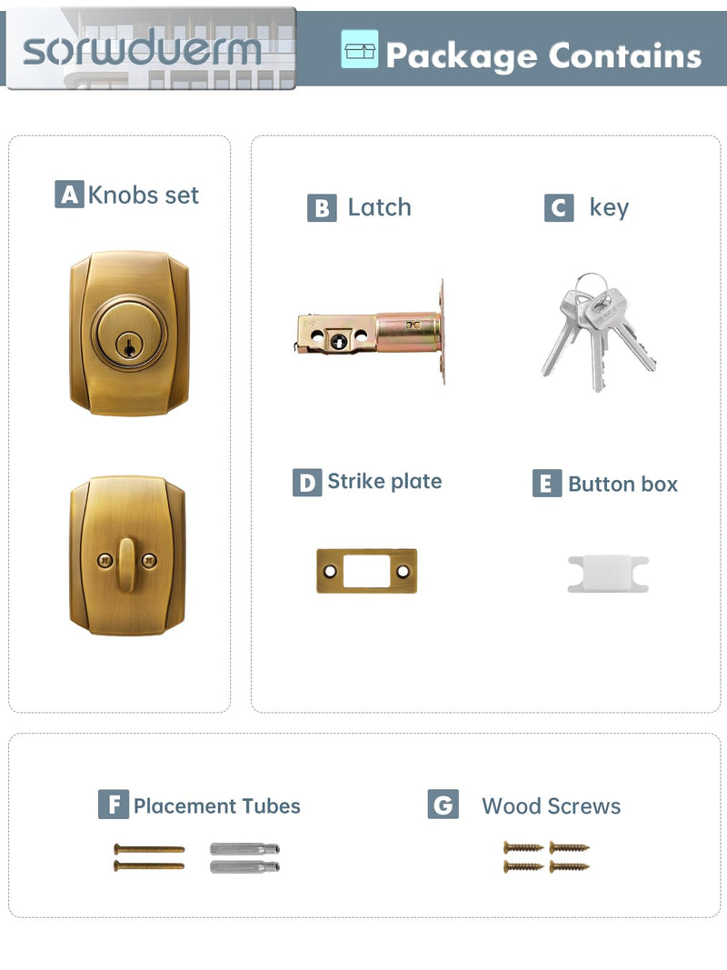 1 Pack Antique Brass Keyed Single Bronze Cylinder Deadbolt Lock Keys Handleset Front Entry Interior Exterior Door Deadbolts Deadbolt-Key