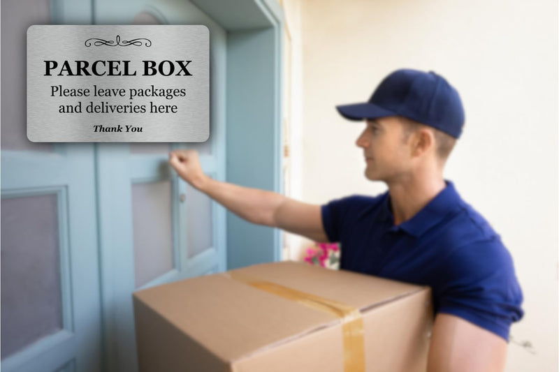 Parcel Box (Mail Box) Sign - Manufactured from Aluminium Metal with Adhesive. Notice for Deliveries, Package delivery Boxes for Outside. Silver