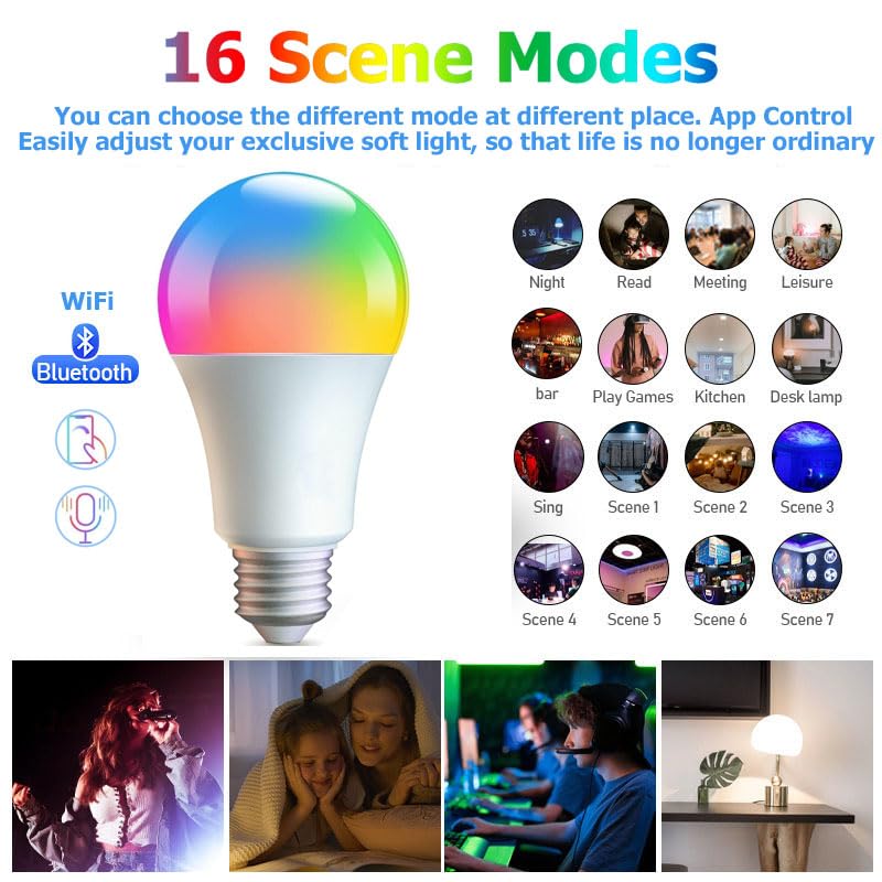 4 Pack Smart Light Bulbs,WiFi & Bluetooth LED Light Bulb That Works with Alexa & Google Home, Color Changing Light Bulb, 10W A19 E26 2.4Ghz WiFi Light Bulbs 60 watt Equivalent, 800lm Dimmable 4 Pack Wifi&bluetooth