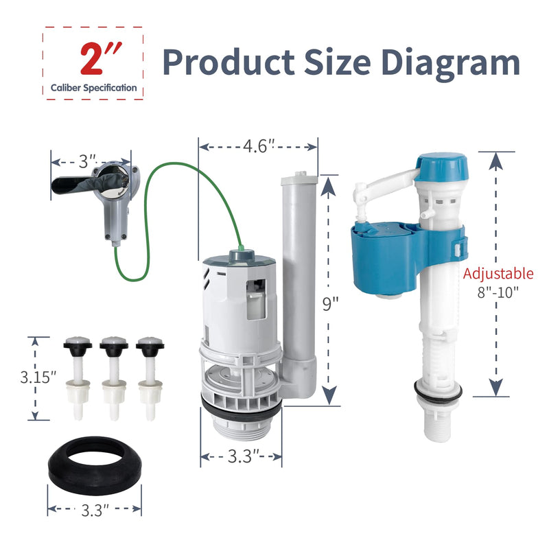 Toilet Tank Replacement Kit for Lever-Handle Toilets - Includes Water-Saving 2-Inch Dual Flush Valve Replacement with Integrated Handle & Adjustable Fill Valve Fits 2-inch drain holes