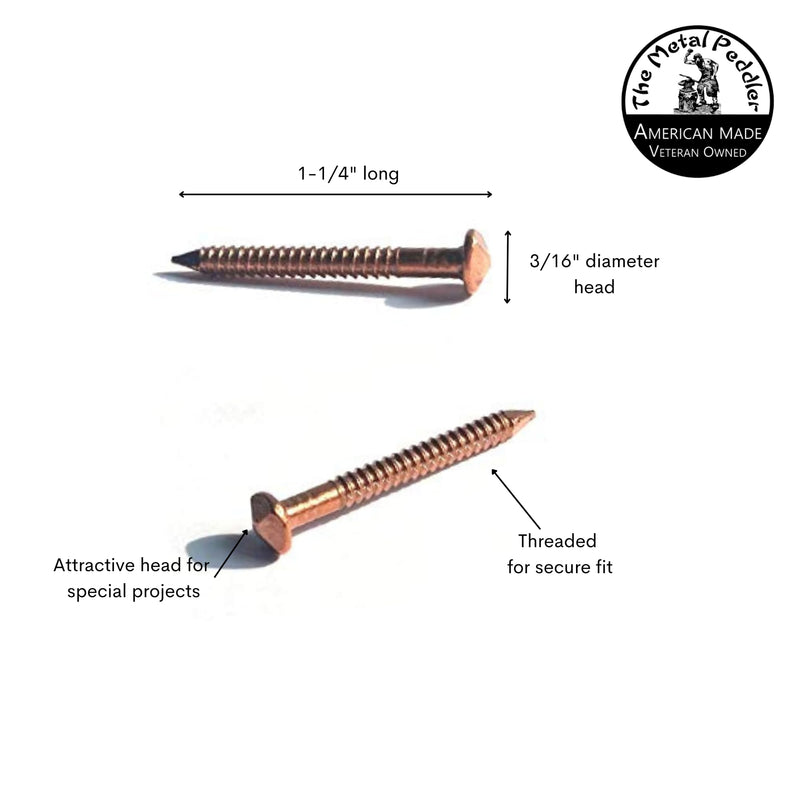 Pack of 100 Solid Copper Decorative Nails - 11 Gauge, 1.25" Long Threaded Shank. American Made.