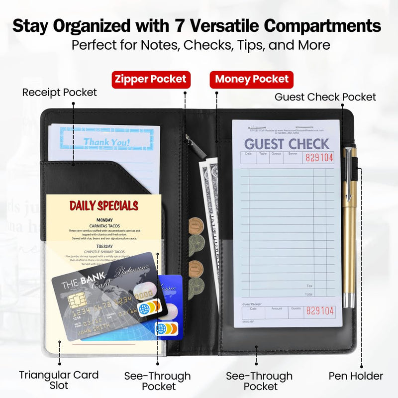 LINTRU Server Book, Durable Construction Server Books for Waitress, Efficient Organization Waitress Book, Compact and Convenient Server Books, Perfect for Restaurants, Cafes, and Bars Black