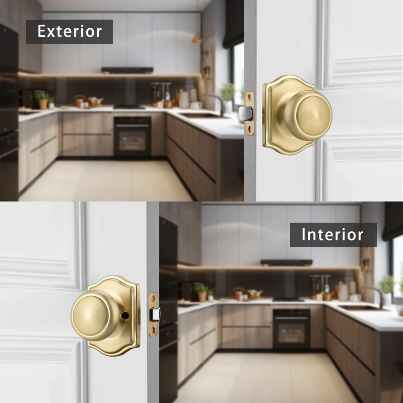 3 Pack Gold Door Knobs with Camelot Trim,Interior Door Knob with Lock,Coastal Door knob for Hall & Closet, Satin Brass 3 Passage