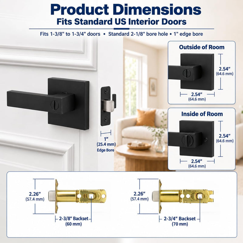 Matte Black Privacy Door Levers Interior 6 Pack, Modern Square Door Handles with Lock, Keyless Emergency Release for Bedroom & Bathroom, Reversible, Fits 1-3/8" to 1-3/4" Door Thickness