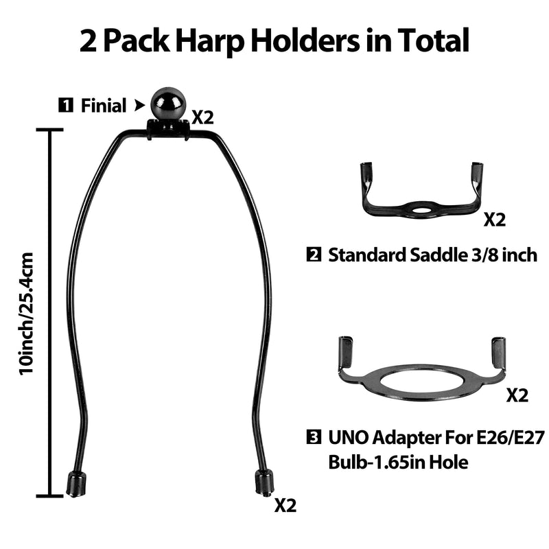 8 Inch Lamp Harp 2 Set, Detachable Lamp Shade Holder for Table and Floor Lamps with Finial, Lamp Shade Harp with 3/8 Standard Saddle and 42mm Saddle Base for E26/E27 Socket, Black 8 Inch