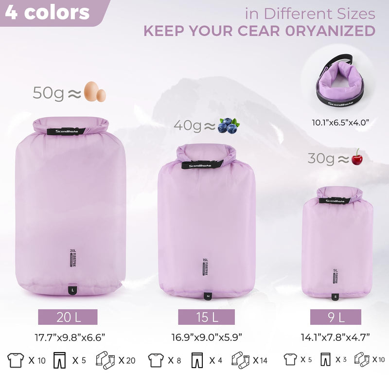 Ultralight Dry Bag Portable Dry Sack 9L & 15L & 20L Durable Waterproof Bag Set Keep Gear Dry Storage Bag for Hiking, Camping, Boating, Backpacking, Kayaking (3 Pack)(Purple) Purple