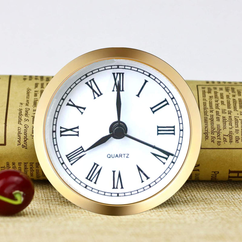 HILLHOME Mini Clock Insert 2.4 Inch (61 mm) Round Quartz Clock Fit-up Movement Miniature Clock White Dial Gold Tone Bezel Roman Numerals (Gold)