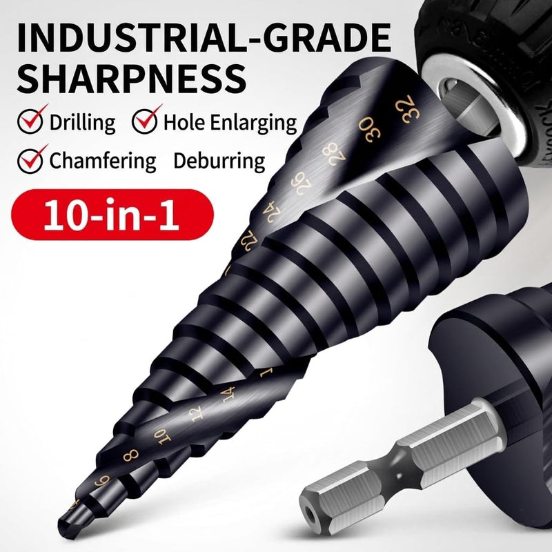 TeuntaRealX Step Drill Bit 4–32mm for Metal & Stainless Steel, High Speed Steel Spiral Cone Drill Bit, Titanium Coated Industrial Hole Cutter