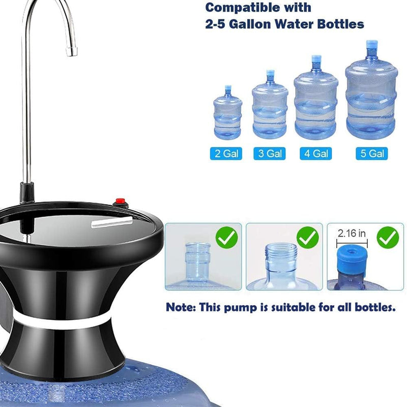 Drinking Water Dispenser Pump, Automatic Electric Drinking Water Bottle Pump for 2-5 Gallon Water Jugs, USB Rechargeable with 2 Switch Control, Stable and Portable for Home, Kitchen, Office, Camping Black