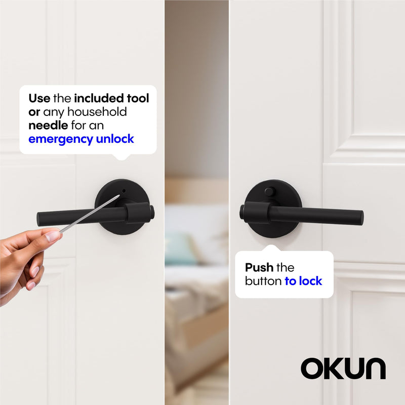 Okun Zen 1-Pack Matte Black Privacy Door Levers – Push Button Lock, Reversible, Sleek Concealed-Mount Design for Bedroom & Bathroom 1 Pack