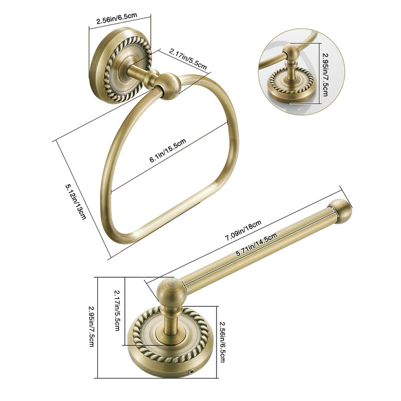 Antique Brass Toilet Paper Holder Towel Ring, Brass Hand Towel Holder Bathroom Accessories Vintage Bathroom Hardware Set Countertop Wall Mount, Rope Carving Base Design 2 Pieces Vintage Brass-toilet Paper Holder Towel Ring