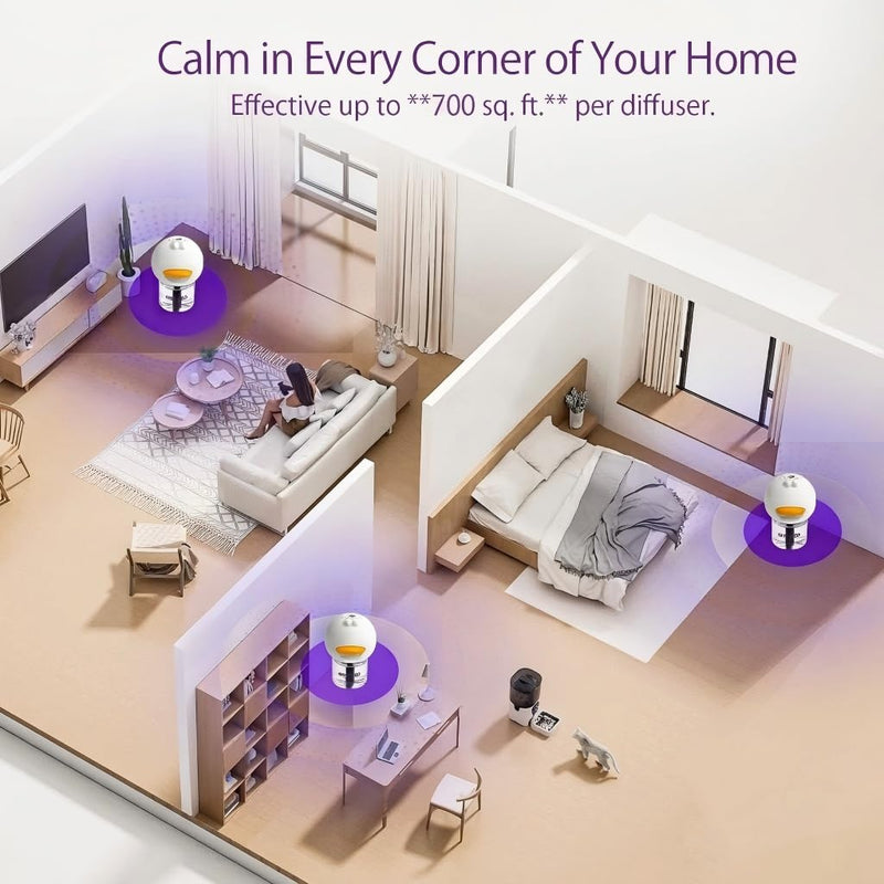 Cat Calming Pheromone Diffuser Set (120-Day Supply) – 2 Diffusers + 4 x 48ml Refills – Helps Reduce Urine Spraying, Scratching & Fighting – Unscented Stress Relief for Multi-Cat Homes