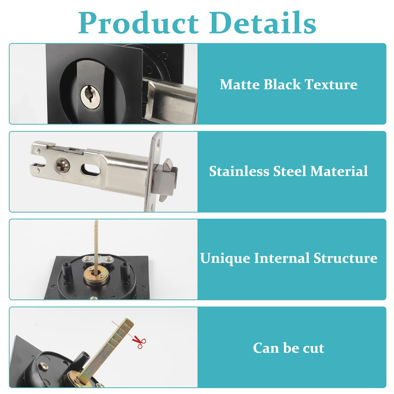 Pocket Door Lock with Key, Matte Black Sliding Door Hardware Privacy Door Latch Bifold Door Locks for Bathroom Bedroom Home Replacement, Fit for Standard Doors with 1" Diameter Holes