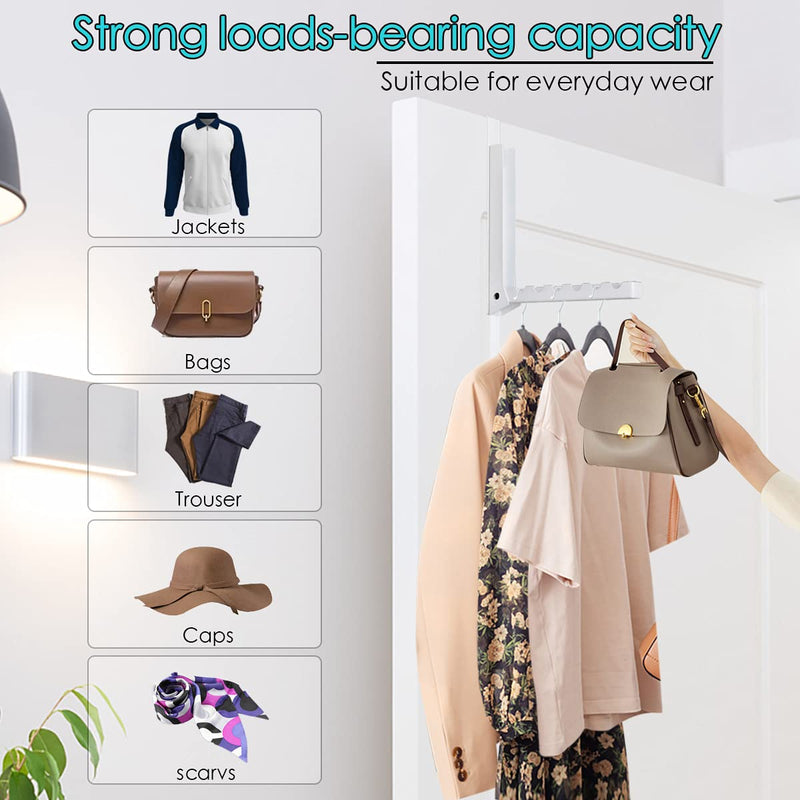 Over Door Hooks Hanger,Foldable Over Door Drying Laundry Hooks for Hanging Clothes 6 Groves Over Door Towel Racks for Clothes,Coat, Behind Back of Door Bathroom, Bag and Robe 2Pcs(White) White 2 Pieces