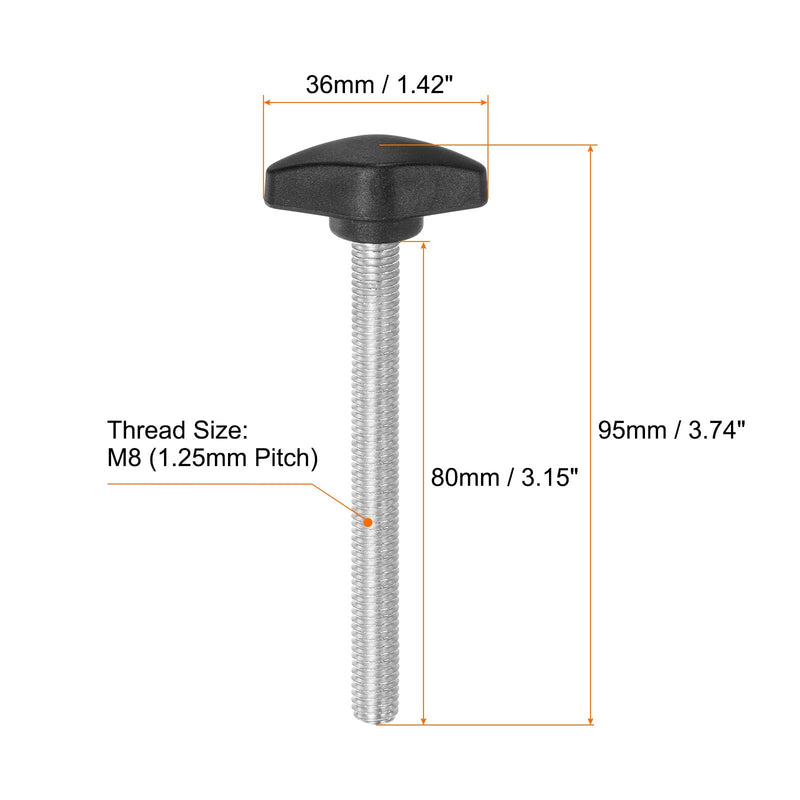 HARFINGTON 4pcs Tee Wing Knobs Thumb Screws M8 x 80mm Standard Male Thread Plastic T Knobs Handles Hand Clamping Knobs Grip Thumbscrew, Black