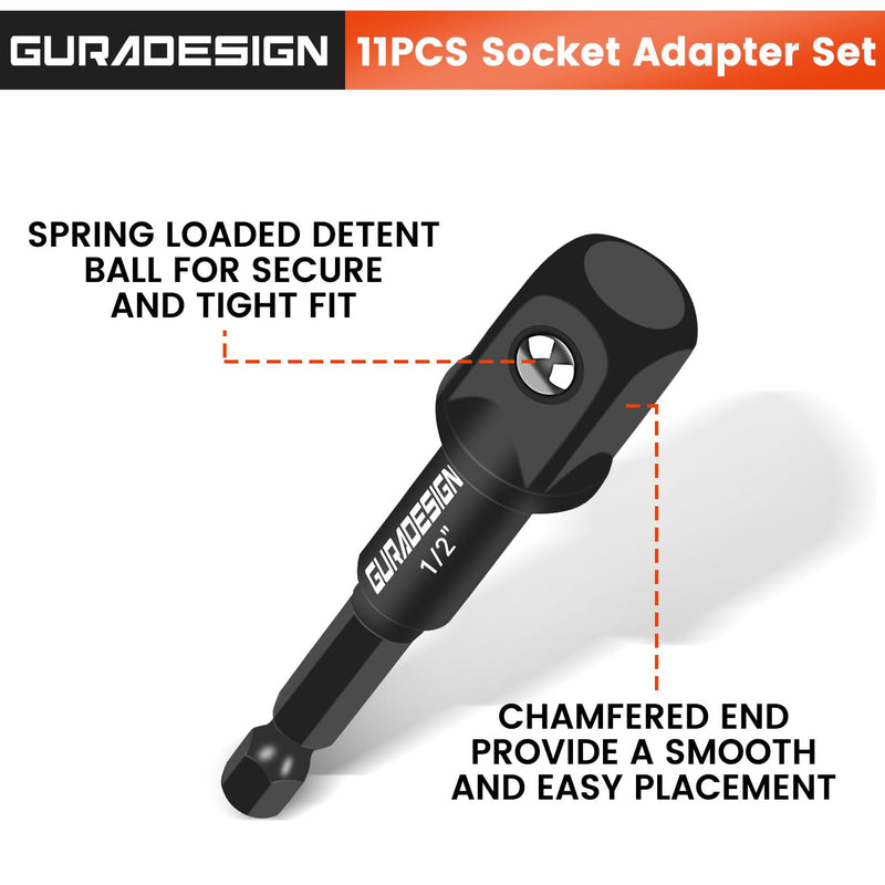 11-Piece Impact Socket Adapter Set for Drill, 3-Inch and 6-Inch Hex Shank Impact Driver Socket Adapter, Socket to Drill Adapter 1/4" 3/8" 1/2" Impact Driver Adapter
