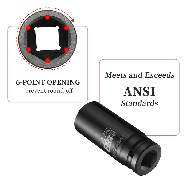 1/2-Inch Drive 22mm Deep Impact Socket with 6-Point Design, Heat-Treated Chrome Molybdenum Alloy Steel, Metric，Hex Deep Socket 1/2” Drive 22mm Deep 1/2” Drive Deep Socket