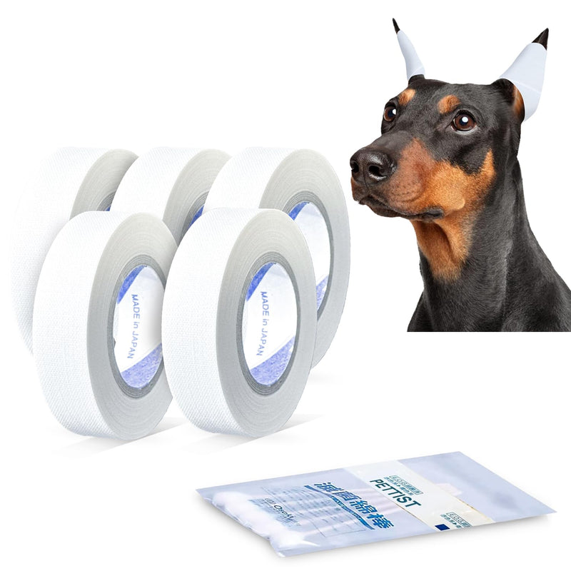 Ear Tape for Dogs 5 Pack with Dog Ear Cleaner Cotton Swabs, Self Adhesive Cotton Tape for Dog Ear Protection and Support, Ear Care Set for Dogs (Tape Width_0.5 inch(12mm))