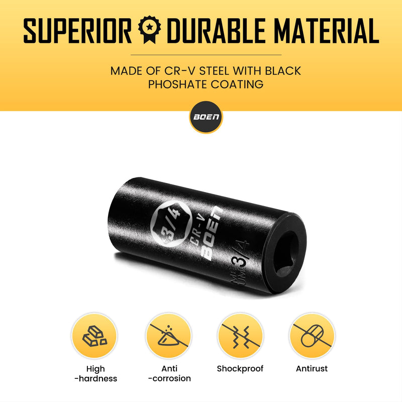 BOEN 1/2" Drive Deep Impact Sockets, Premium Impact Socket, 3/4 Inch Socket, SAE, 6 Point, Cr-V Steel with Laser Marking - Strong and Durable