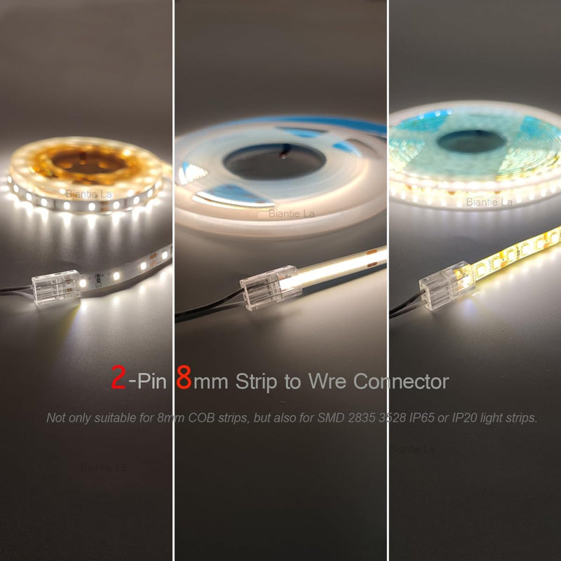 2-Pin 8mm COB Strip to Wire Connector Unwired Clips Solderless Adapter Terminal Extension Connection for High Density LED Strips Lights 12V 24V (Pack of 10)