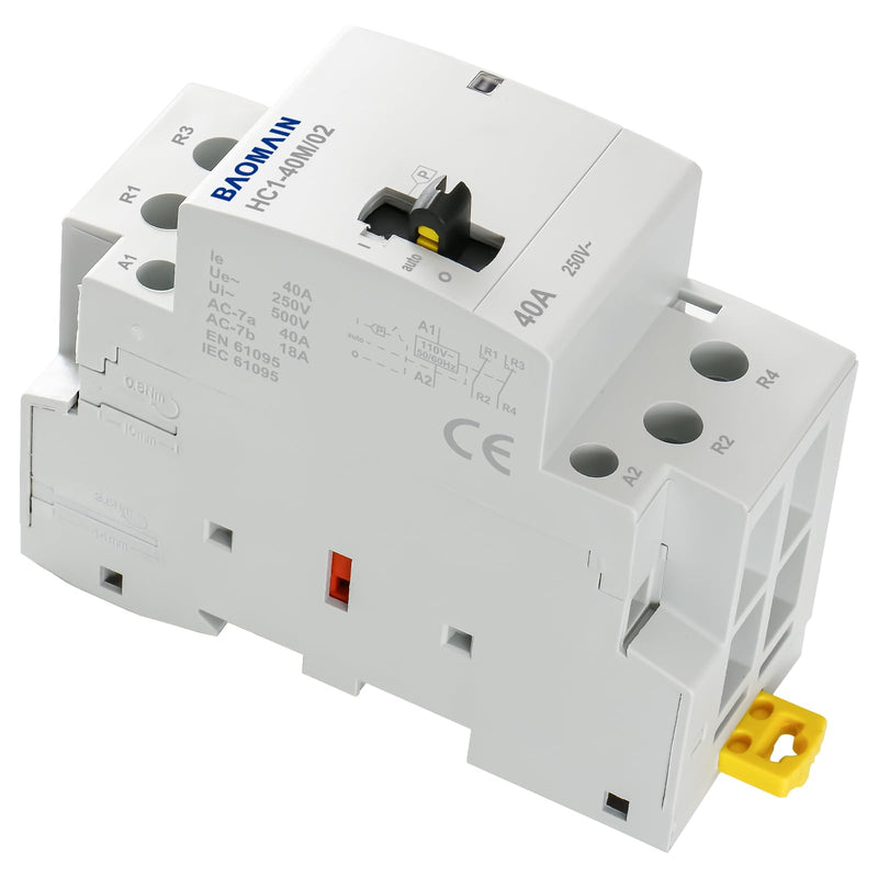 Baomain 110V AC 2-Pole Contactor, 40A 2NC Normally Closed, DIN Rail Mount - Manual & Automatic Switchable for HVAC, Motor, Pump, Lighting HC1-40M/02-110VAC 40 Amp. 110 VAC(Manual Control)